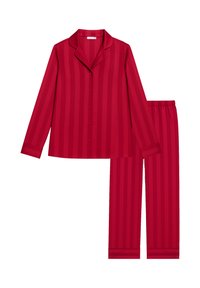 Gestreiftes Schlafanzug-Set in Rot mit einem langärmeligen Hemd mit Knopfleiste und Kragen sowie passenden Hosen mit elastischem Bund. Weiche Textur.