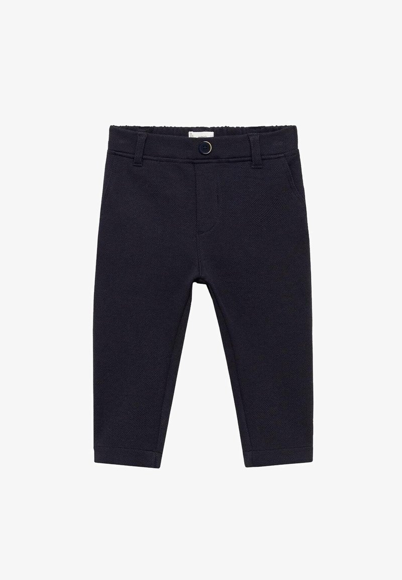 Pantaloni blu navy realizzati in tessuto testurizzato, con chiusura a bottone, passanti per la cintura e gambe affusolate con orli rifiniti.