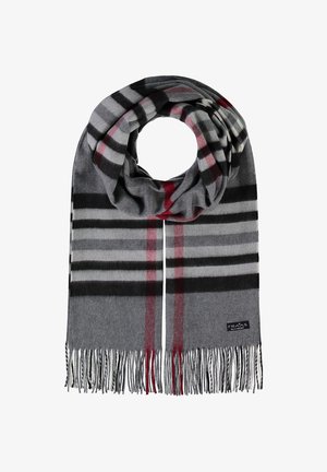 Szary wełniany szal z wzorem w kratę w kolorach czarnym, białym i czerwonym. Wykończony frędzlami.