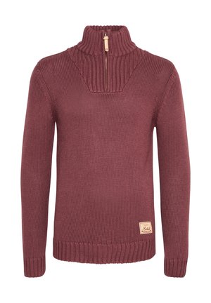 Pulover tricotat burgundy cu un guler înalt, striat, fermoar scurt și patch cu logo. Prezintă un design texturat, cu tricotaj gros.