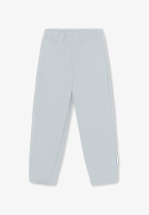 Pantaloni jogger gri deschis, cu talie elastică și glezne strânse. Textură de țesătură netedă, fără modele sau accesorii vizibile.