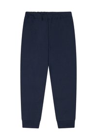 Marineblaue Baumwoll-Sweatpants mit einem elastischen Bund, gerippten Bündchen und glatter Textur. Keine sichtbaren Taschen oder Muster.