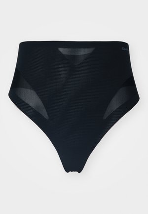 Högmidjad svart bikiniunderdel tillverkad av slät tyg med genomskinliga detaljer och texturerad ribbing, med en minimalistisk design och logotyp.