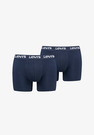 Deux pantalons boxers bleu marine en coton extensible, avec un logo Levi's blanc sur la ceinture et une coupe ajustée.