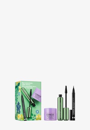 Set per trucco occhi Clinique con balsamo detergente viola, mascara verde e eyeliner liquido nero su sfondo bianco con scatola a tema floreale.
