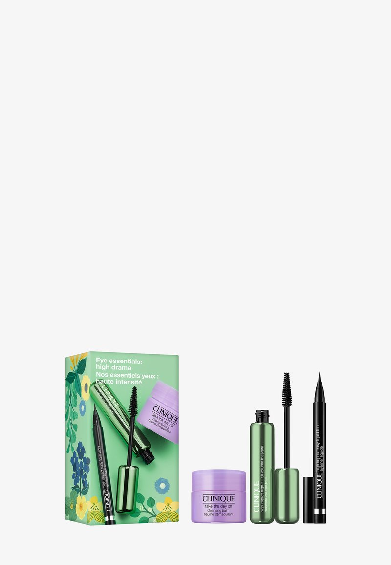 Clinique eye makeup set with purple cleansing balm, green mascara, and black liquid eyeliner on white background with floral-themed box.