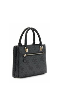 Borsa strutturata nera con due manici, materiale testurizzato, dettagli in metallo di colore oro e tasca frontale con zip. Presenta un motivo con logo.