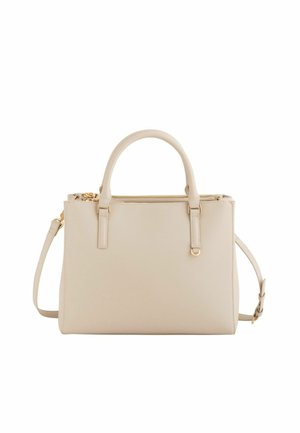 Beige Ledertasche mit doppelten Griffen, goldfarbenem Reißverschluss oben und verstellbarem Schulterriemen vor weißem Hintergrund.