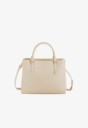 Beige Ledertasche mit doppelten Griffen, goldfarbenem Reißverschluss oben und verstellbarem Schulterriemen vor weißem Hintergrund.