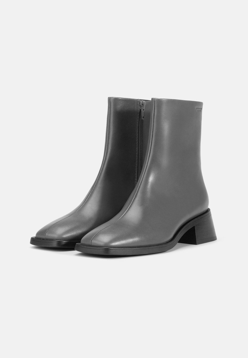 Gray leather ankle boots with a smooth texture, square toe, side zipper closure, and a block heel design.