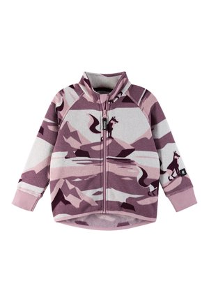 Veste en polaire dans des nuances de rose et de gris avec un motif de montagne et de renard, fermeture éclair mi-hauteur à l'avant et poignets côtelés. Texture douce et coupe décontractée.