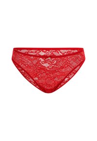 Rode kanten bikini slip met ingewikkelde bloemenpatronen en een gladde afwerking, met een smalle tailleband en subtiele metallic accenten.