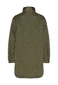 Gepolsterte, lange olivgrüne Jacke mit hohem Kragen. Verfügt über eine strukturierte Oberfläche mit Rautenmuster und elastischen Bündchen.