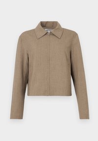 Καφέ κοντό μπουφάν με φερμουάρ μπροστά και φαρδύ γιακά, μακριά μανίκια και μονόχρωμο υφασμάτινο ύφασμα.