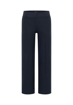 Marineblaue gerade geschnittene Hose mit Gürtelschlaufen, Fronttaschen und einem verdeckten Frontverschluss.