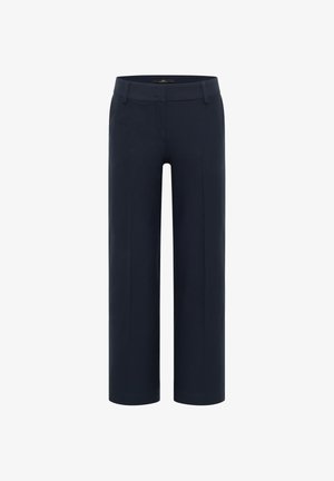 Marineblaue gerade geschnittene Hose mit Gürtelschlaufen, Fronttaschen und einem verdeckten Frontverschluss.
