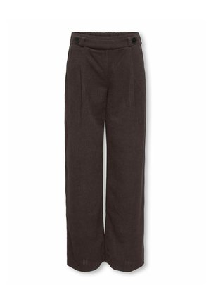 Pantalon à jambes larges en velours côtelé marron foncé avec une ceinture haute élastique et deux boutons noirs à l'avant.