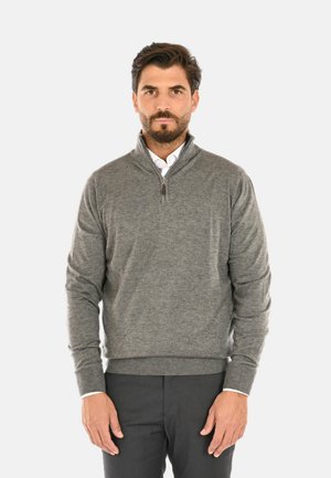 Maglione grigio a mezza zip in morbido tessuto lavorato a maglia con polsini e orlo a costine. Indossato sopra una camicia bianca con colletto, la vestibilità è elegante e curata.