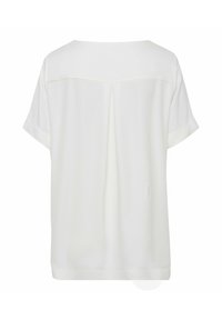 Blouse blanche à manches courtes avec un empiècement dos et un pli central, présentant une coupe ample et fluide.