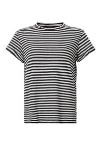 T-shirt rayé noir et blanc avec des manches courtes, un col rond et une coupe décontractée. Fabriqué en tissu doux et texturé.
