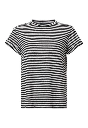 Black and white striped t-shirt with short sleeves, a round neckline, and a relaxed fit. Made of soft, textured fabric.