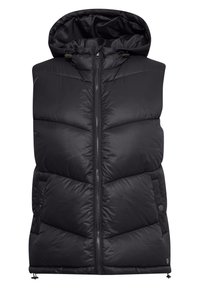 Vadderad svart väst med huva, med dragkedja framtill, sidfickor och ett chevron-quiltat mönster. Slät textur och lättviktsmaterial.