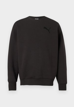 Sweat-shirt noir à col ras du cou avec manches longues et petit logo Puma noir sur la partie supérieure gauche de la poitrine.