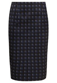 Jupe crayon noire avec motif à carreaux bleu marine et gris, longueur genou, coupe ajustée.