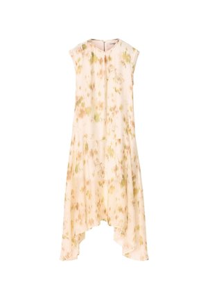 Hihaton kevyt midimekko, jossa korkea-matala helma, pehmeän vaaleanpunainen pohja ja abstrakti vihreän ja persikanvärisen kukkakuvion printti.