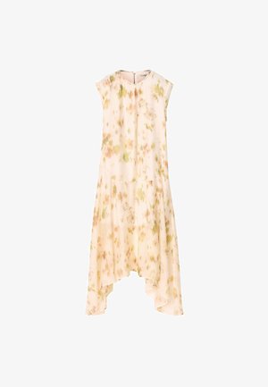 Hihaton kevyt midimekko, jossa korkea-matala helma, pehmeän vaaleanpunainen pohja ja abstrakti vihreän ja persikanvärisen kukkakuvion printti.