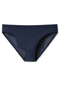 Mornarsko plave gaćice u bikini stilu s glatkom prednjom stranom i složenim čipkastim panelima sa strane. Izrađene su od mekanog, rastezljivog materijala.