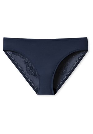 Navy blue bikini-style briefs with a smooth front and intricate lace panels on the sides. Made from soft, stretchy material.