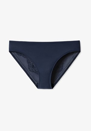 Chilot de tip bikini de culoare albastru marin, cu un front neted și panouri din dantelă intricate pe laterale. Fabricat dintr-un material moale și elastic.