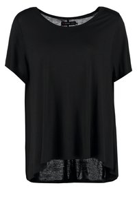 Top nero a maniche corte con vestibilità rilassata, scollatura rotonda e orlo posteriore leggermente più lungo. Realizzato in materiale morbido e leggero.