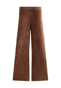 Smeđe plišane široke hlače s teksturiranom površinom i visokim strukom. Dizajn ima prošireni kroj i mekan materijal.