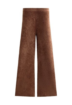 Braune, plüschige Weitbein-Hose mit einer strukturierten Oberfläche und hohem Bund. Das Design zeichnet sich durch eine ausgestellte Form und weiches Material aus.