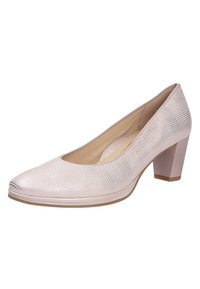 Escarpin rose clair avec une tige en tissu texturé, un bout arrondi et un talon épais. La semelle est de couleur claire avec des motifs subtils.