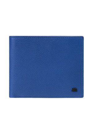 Blåt tekstureret læderpung med sort "RR"-logo i nederste højre hjørne, vist lukket på hvid baggrund.