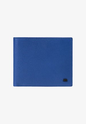 Modra teksturirana usnjena denarnica s črnim logotipom "RR" v spodnjem desnem kotu, prikazana zaprta na belem ozadju.