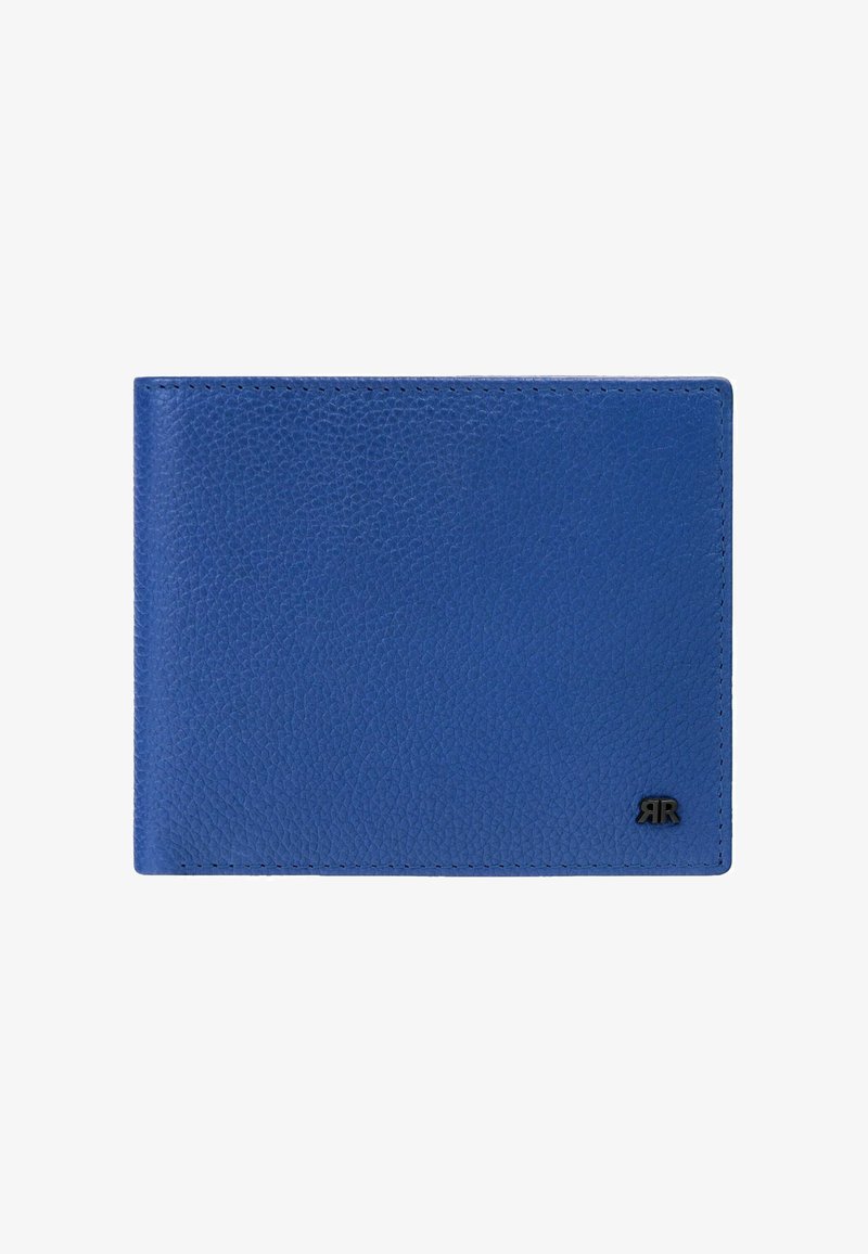Cartera de cuero texturizado azul con el logo negro "RR" en la esquina inferior derecha, exhibida cerrada sobre fondo blanco.