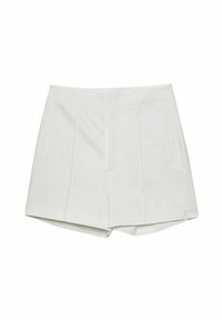 Pantaloni pantaloni bianchi su misura con vita alta, caratterizzati da due tasche laterali, pieghe e una silhouette dritta, realizzati in un tessuto morbido.