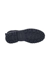 Semelle de botte en caoutchouc noir présentant un motif de semelle robuste avec des rainures profondes et des crampons pour une meilleure adhérence. Logo estampé au centre.