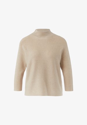 Beige gebreide trui met een hoge kraag, driekwartmouwen en een zachte, gestructureerde afwerking. Beschikt over een relaxte pasvorm en subtiele ribbels.