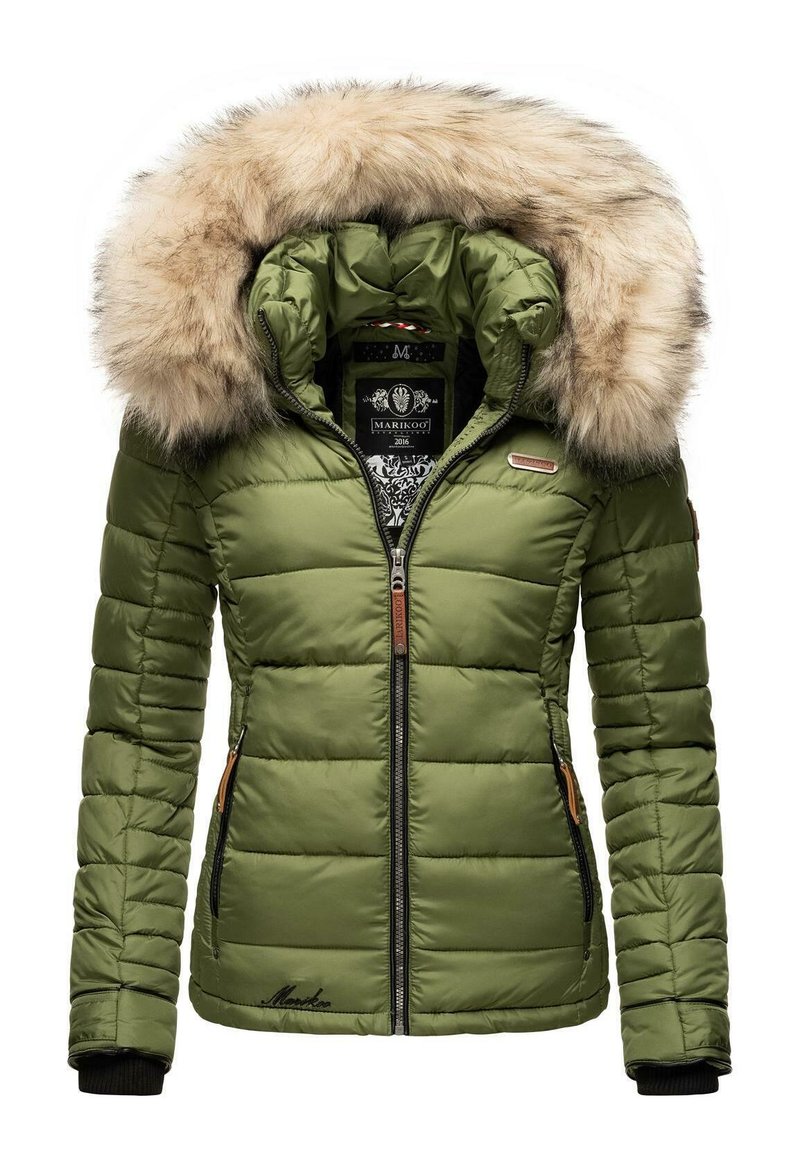 Olive green puffer jacket with a faux fur hood. Features quilted texture, two zippered side pockets, and embroidered detail at hem.