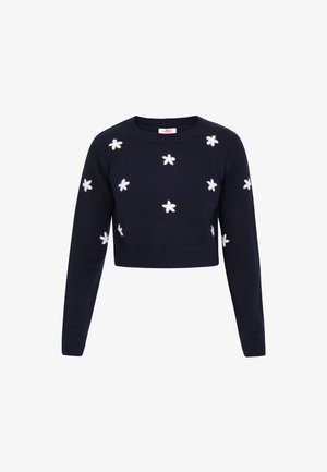 Marineblauer, kurz geschnittener Pullover mit rundem Ausschnitt und dekorativen weißen Blumen-Applikationen, ausgestattet mit gerippten Bündchen und Saum.