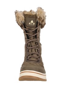 Brun vattentät stövel med fuskpälsdetaljer, kviltad textilövre, snörning fram och gummisula. Har subtil logga och kontrasterande accenter.