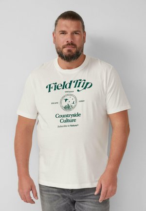 Weißes Baumwoll-T-Shirt mit grüner Grafikschrift und kreisförmigem Logodesign. Kurze Ärmel, runder Ausschnitt und lockere Passform.