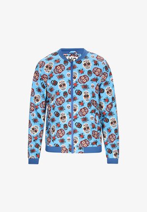 Sinine pommikindel jakk, millel on luku ees, ja millel on kogu pinna ulatuses kujutatud suhkruleemuriid ja lillemotiivid punases, mustas ja elevandiluust.