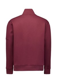 Bordeauxrode sweatshirts met een hoge kraag, lange mouwen en geribde manchetten. Gladde textuur en effen kleur, zonder zichtbare patronen of hardware.