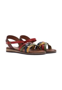 Sandali in pelle con cinturini multicolori in rosso, giallo, verde e blu. Cinturino alla caviglia regolabile e suola piatta per un uso casual.